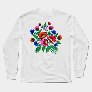 Grandmommy Flowering Bouquet - Poppies Centaurea Violet - Green Leaves - Blossom - Satin Stitch Embroidery - Colorful Wild Flower Long Sleeve T-Shirt